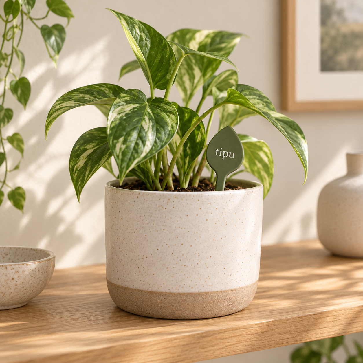 Concept of an olive Tipu NFC stake beside a plant in a cream ceramic pot